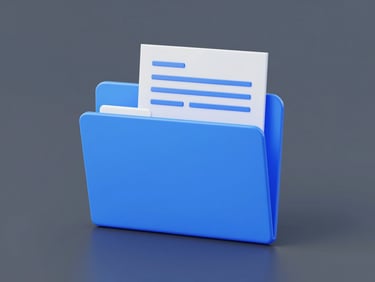 Minimalist 3D render of a stylized glowing blue file folder with document sheets flying into it, clean geometric shapes, corporate blue and slate gray background, bright studio lighting, isometric view.