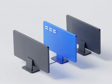 Minimalist 3D render of interconnected digital screens and file flows, cool slate gray and corporate blue, bright studio lighting