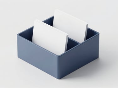 A minimalist 3D render of a neat desk organizer with clean paper sheets, bright studio lighting, corporate blue tones