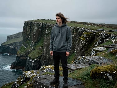 A model wearing a custom event hoodie, standing on a rugged Scottish coastal cliff, wind-swept hair, dramatic natural shadows, atmospheric, cinematic