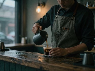A barista wearing a custom apron with a subtle, peat-stained graphic, pouring coffee in a moody, dimly lit cafe, warm streetlamp glow from outside, cinematic