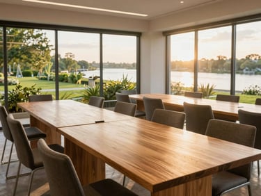 Bright modern resort seminar room with wooden tables, chairs set up for a meeting, large windows showing green gardens outside