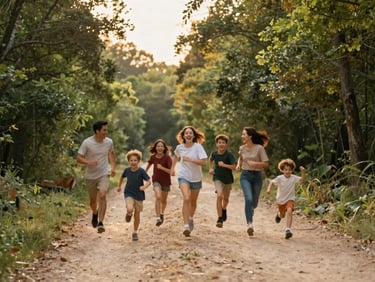 A group of parents and children running together on a wide forest trail during golden hour, laughing, warm editorial photography, 35mm.