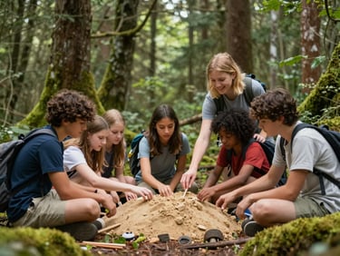 A group of diverse teenagers collaborating to build a shelter in a mossy forest, a coach guiding them with a smile, soft overcast daylight.