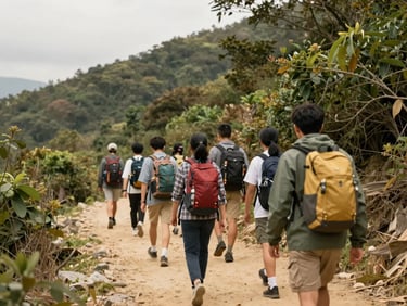 Youth group with backpacks navigating a mountain trail, guided by a mentor in a green jacket, overcast day, warm editorial photography, 35mm.