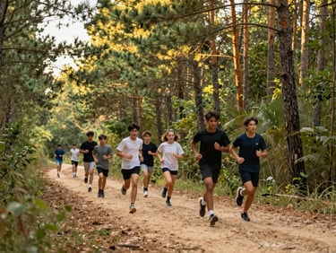 A diverse group of youth running along a dirt trail through towering pine trees, golden light filtering through branches, active motion.