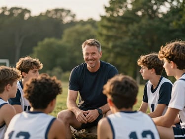 An intimate, candid medium shot of a coach smiling while talking to a small group of young athletes sitting on a log, soft golden hour lighting, forest background.