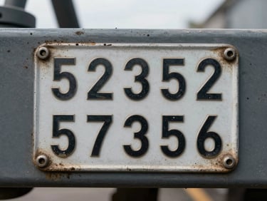 Extreme close-up of a mobile crane serial plate and capacity specs label, worn metal surface, overcast warehouse light, bold stamped numbers legible, grease and dust at edges