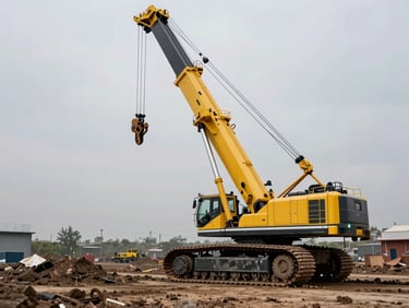 Crawler crane on rough terrain job site, tracks visible in muddy ground, boom at working angle under grey industrial sky, operator cab in frame, no studio lighting