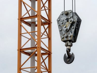 Extreme close-up of a tower crane mast section and load hook assembly, overcast daylight, steel bolt detail visible, wear marks on the metal, no people