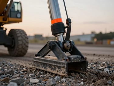Close-up of rough-terrain crane outrigger pad pressed into gravel ground, overcast golden hour light, hydraulic cylinder detail, orange safety marking strip visible, no people