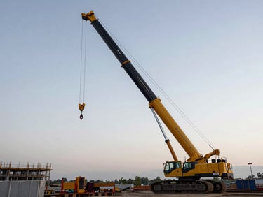 Wide-angle view of a mobile hydraulic crane on a construction site at dawn, boom fully extended, overcast sky, equipment in active use, no posed figures