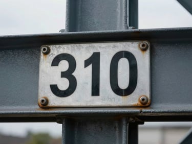 Close-up of a crane serial number and specs plate bolted to steel frame, overcast daylight, paint worn at edges, industrial texture, no people, extreme detail shot