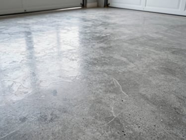 Pristine residential garage floor with decorative flake finish, reflecting bright overhead lighting, wide shot, high depth of field, sharp industrial photography.