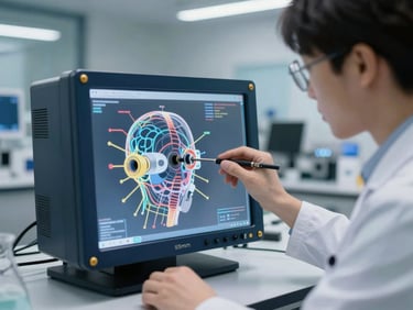 A researcher in deep focus analyzing neural interfaces on a transparent display, cool crisp laboratory light, professional setting, 35mm