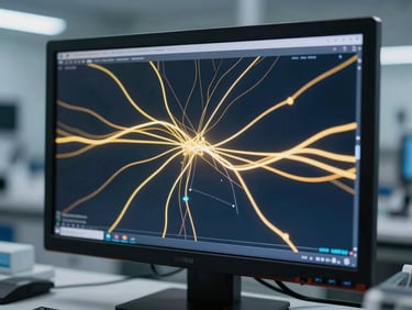 Abstract neural data visualization on a laboratory monitor, glowing pathways, cool crisp studio lighting, deep navy and gold accents, sharp focus, 35mm