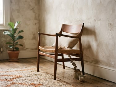 A quiet corner of a room with a single mid-century wooden chair, soft shadow on a textured plaster wall.
