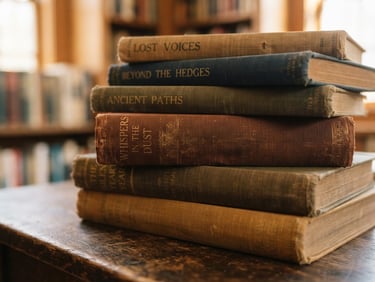 Close-up of a stack of old linen-bound hardback books on a wooden desk, warm afternoon light.