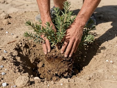 Hands pressing a drought-tolerant shrub root ball into dry sandy Gulf soil, bright midday sun throwing hard shadow across the planting pit, gravel mulch visible around the base