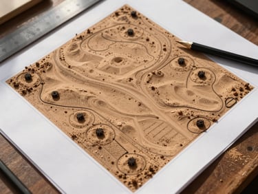 Overhead view of a landscape design plan laid on compacted desert soil, hand-marked planting zones visible, harsh sunlight casting ruler and pencil shadows across the document