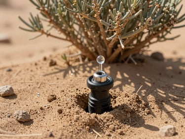 Close-up overhead study of a drip-irrigation emitter set into dry sandy soil around the base of a desert shrub, water droplets visible at the emitter head, harsh Gulf afternoon light, warm earth tones, no greenery except the plant base