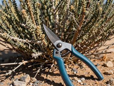 Close-up of pruning shears cutting a woody stem on a mature desert shrub, bright Gulf afternoon light, dry earth and gravel ground visible below, sharp tool shadow across the foliage