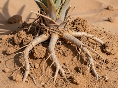 Extreme close-up of a desert-adapted plant root system partially exposed in compacted sandy UAE soil, harsh midday light casting sharp shadows across the exposed roots and dry earth, terracotta tones dominant, documentary texture