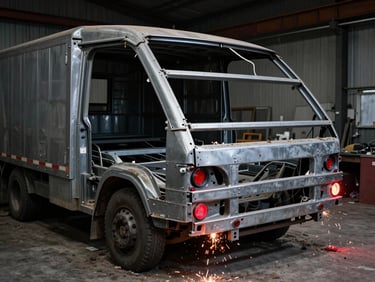 Damaged and bent steel frame of a refrigerated truck body before repair, dusty workshop floor, high-contrast industrial photography