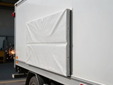 Close-up of a high-density thermal insulation panel being fitted into a refrigerated truck body, clean white surfaces, sharp focus on structural seals, dramatic workshop lighting