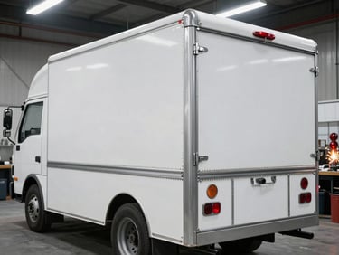 Fully restored and painted white refrigerated truck body after repair, clean welds, gleaming steel accents, bright workshop lighting