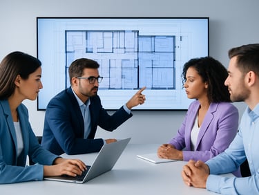 Sleek editorial photography of a collaborative planning session with architectural diagrams on a screen, crisp studio lighting, sharp focus.