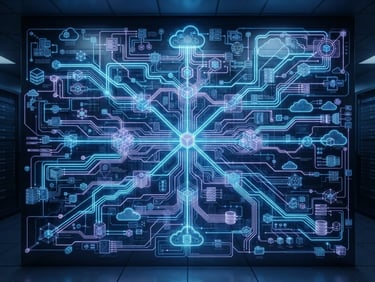 Wide architectural diagram with glowing electronic blue lines and subtle lavender accents, representing complex enterprise systems integration, sharp focus, studio lighting.