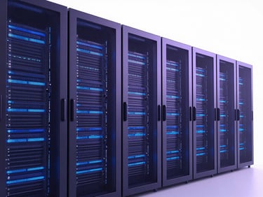 Abstract architectural rendering of a modernized data center, clean lines, electronic blue glow, high-contrast.