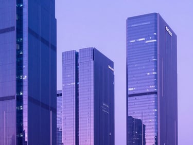 Sleek editorial photography of abstract architectural structures representing digital infrastructure, subtle lavender backlighting, sharp focus.
