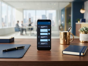 A clean, modern corporate office desk with a smartphone displaying a secure chat interface, professional lighting, deep blue and gold accents