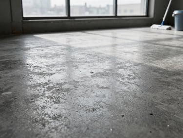 Close-up of a freshly cleaned concrete floor in an Ontario commercial space, overcast window light raking across the surface revealing the clean finish, a mop head and bucket visible at the far edge, no people posed