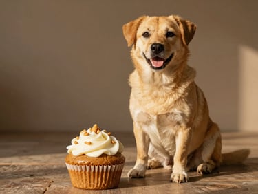 Warm editorial photography of a dog sitting happily next to a custom peanut butter pupcake decorated with yogurt frosting, natural golden-hour light