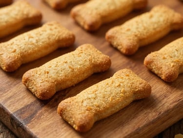 Warm editorial photography close-up shot of textured, golden-brown sweet potato dog biscuits on a rustic wooden board, shallow depth of field