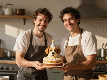 Two friendly bakers smiling in a warm, rustic kitchen, holding a freshly decorated canine birthday cake, natural sunlight.