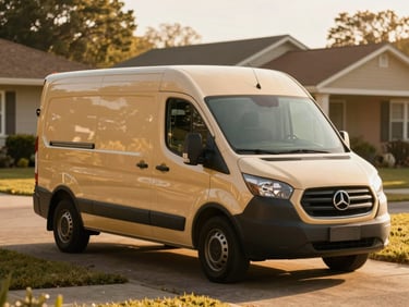 A clean, warm-toned mobile delivery van parked in a sunny suburban Norwood driveway, golden-hour light.