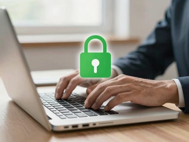Close-up of a professional's hands typing on a laptop with a secure green key icon overlay, clean modern desk, bright natural morning light.