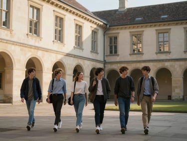 Group of young scholars walking through a historic European university courtyard, clean architectural lines, soft morning sun.