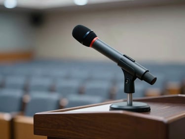 Close-up detail of a speaker podium with a microphone, modern auditorium seating softly blurred in the background, cool-toned lighting.