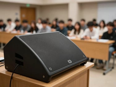 Macro detail of a speaker podium in a modern conference hall, soft focus on organized student audience in the background.