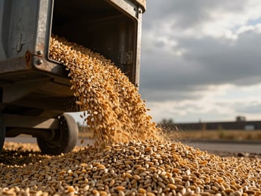 Extreme close-up of golden wheat grains pouring into a cargo hold, dramatic golden hour lighting, high contrast.