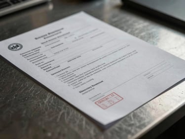 Extreme close-up of high-grade shipping documents with official stamps, laying on a dark steel desk, dramatic side lighting, desaturated steel tones
