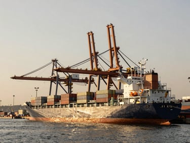 Wide-angle environmental shot of a massive cargo ship docked at the Port of Istanbul during overcast daylight, industrial cranes and shipping containers in desaturated steel and amber tones.