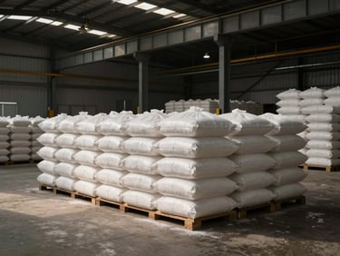 Stacked white bags of refined sugar in a clean, massive industrial warehouse, dramatic side lighting.