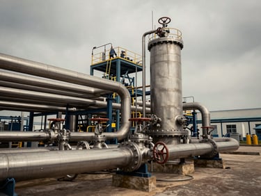 Industrial food grade stainless steel pipes and valves in a modern oil processing facility, clean industrial aesthetic.