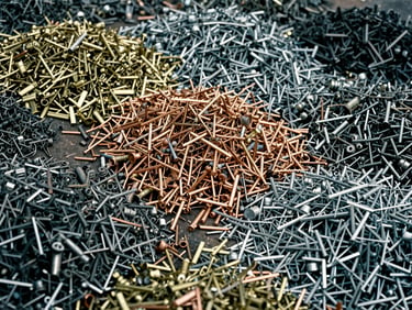Close-up of sorted piles of industrial metal turnings (brass, copper, steel) under overcast daylight, raw textures, high contrast, gritty industrial photography